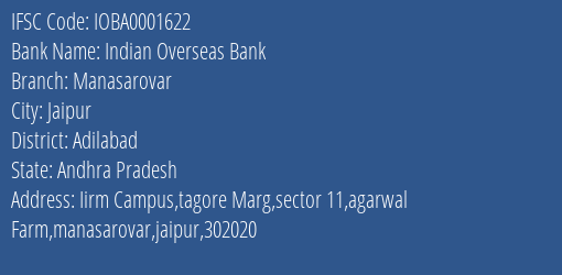 Indian Overseas Bank Manasarovar Branch IFSC Code