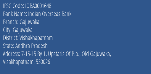Indian Overseas Bank Gajuwaka Branch Vishakhapatnam IFSC Code IOBA0001648