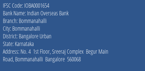 Indian Overseas Bank Bommanahalli Branch Bangalore Urban IFSC Code IOBA0001654