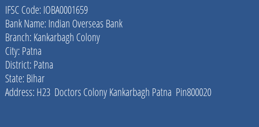Indian Overseas Bank Kankarbagh Colony Branch Patna IFSC Code IOBA0001659