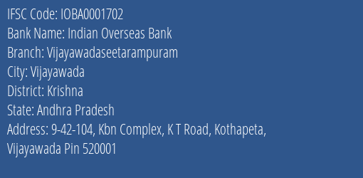 Indian Overseas Bank Vijayawadaseetarampuram Branch, Branch Code 001702 & IFSC Code IOBA0001702