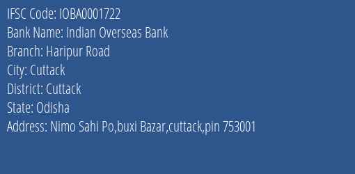 Indian Overseas Bank Haripur Road Branch, Branch Code 001722 & IFSC Code IOBA0001722