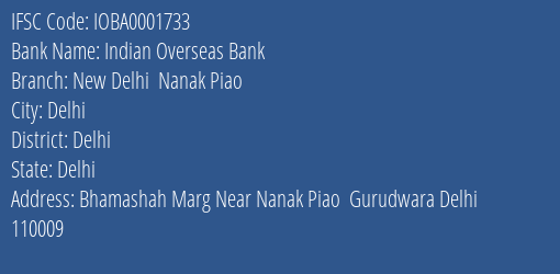 Indian Overseas Bank New Delhi Nanak Piao Branch Delhi IFSC Code IOBA0001733