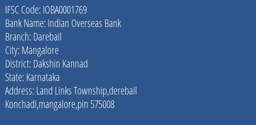 Indian Overseas Bank Darebail Branch, Branch Code 001769 & IFSC Code IOBA0001769