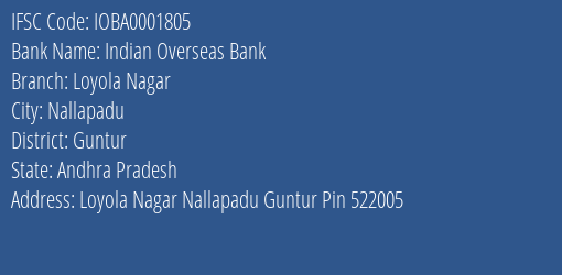 Indian Overseas Bank Loyola Nagar Branch Guntur IFSC Code IOBA0001805