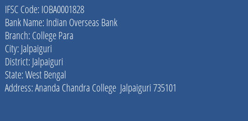 Indian Overseas Bank College Para Branch Jalpaiguri IFSC Code IOBA0001828