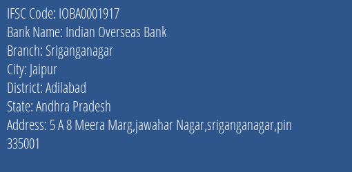 Indian Overseas Bank Sriganganagar Branch IFSC Code