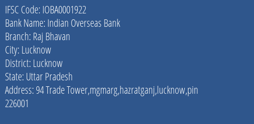 Indian Overseas Bank Raj Bhavan Branch Lucknow IFSC Code IOBA0001922