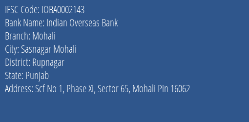 Indian Overseas Bank Mohali Branch Rupnagar IFSC Code IOBA0002143