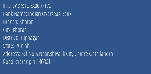 Indian Overseas Bank Kharar Branch Rupnagar IFSC Code IOBA0002170
