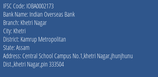 Indian Overseas Bank Khetri Nagar Branch Kamrup Metropolitan IFSC Code IOBA0002173