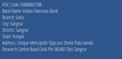 Indian Overseas Bank Gota Branch Sangrur IFSC Code IOBA0002188