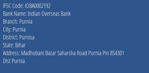 Indian Overseas Bank Purnia Branch Purnisa IFSC Code IOBA0002192