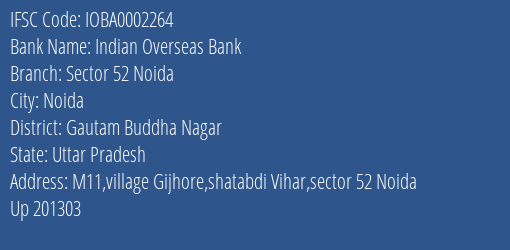 Indian Overseas Bank Sector 52 Noida Branch Gautam Buddha Nagar IFSC Code IOBA0002264