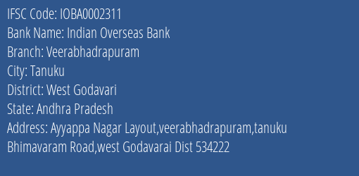 Indian Overseas Bank Veerabhadrapuram Branch West Godavari IFSC Code IOBA0002311
