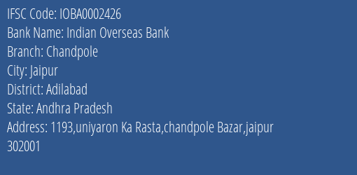 Indian Overseas Bank Chandpole Branch, Branch Code 002426 & IFSC Code IOBA0002426