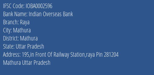 Indian Overseas Bank Raya Branch Mathura IFSC Code IOBA0002596