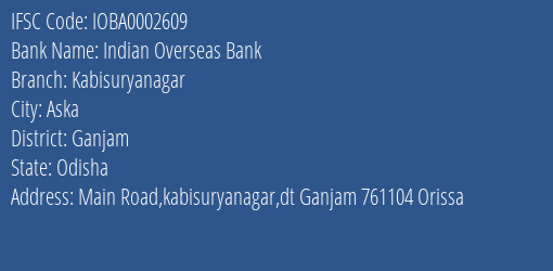 Indian Overseas Bank Kabisuryanagar Branch Ganjam IFSC Code IOBA0002609