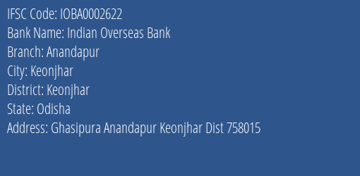 Indian Overseas Bank Anandapur Branch Keonjhar IFSC Code IOBA0002622