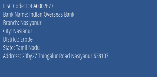 Indian Overseas Bank Nasiyanur Branch Erode IFSC Code IOBA0002673