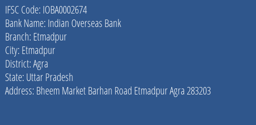 Indian Overseas Bank Etmadpur Branch Agra IFSC Code IOBA0002674
