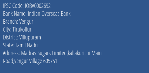 Indian Overseas Bank Vengur Branch, Branch Code 002692 & IFSC Code IOBA0002692