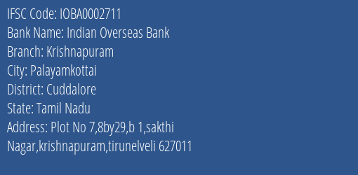Indian Overseas Bank Krishnapuram Branch Cuddalore IFSC Code IOBA0002711