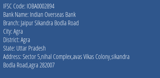 Indian Overseas Bank Jaipur Sikandra Bodla Road Branch Agra IFSC Code IOBA0002894