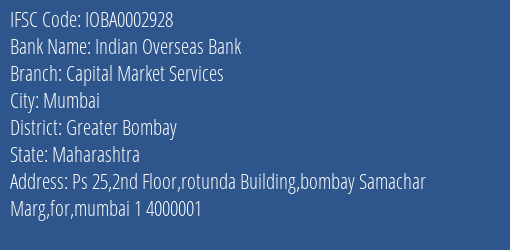 Indian Overseas Bank Capital Market Services Branch Greater Bombay IFSC Code IOBA0002928