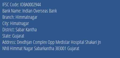Indian Overseas Bank Himmatnagar Branch Sabar Kantha IFSC Code IOBA0002944