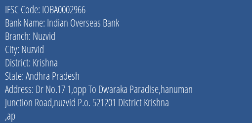Indian Overseas Bank Nuzvid Branch Krishna IFSC Code IOBA0002966