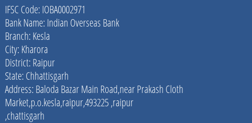 Indian Overseas Bank Kesla Branch Raipur IFSC Code IOBA0002971