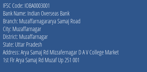 Indian Overseas Bank Muzaffarnagararya Samaj Road Branch Muzaffarnagar IFSC Code IOBA0003001