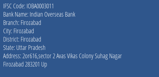 Indian Overseas Bank Firozabad Branch Firozabad IFSC Code IOBA0003011
