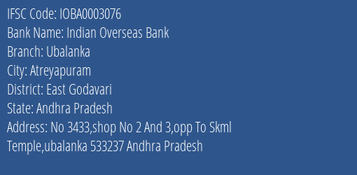 Indian Overseas Bank Ubalanka Branch, Branch Code 003076 & IFSC Code IOBA0003076