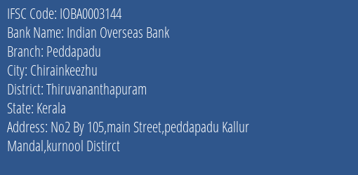 Indian Overseas Bank Peddapadu Branch Thiruvananthapuram IFSC Code IOBA0003144