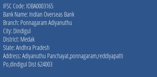 Indian Overseas Bank Ponnagaram Adiyanuthu Branch Medak IFSC Code IOBA0003165