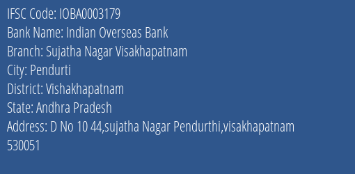 Indian Overseas Bank Sujatha Nagar Visakhapatnam Branch Vishakhapatnam IFSC Code IOBA0003179