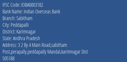 Indian Overseas Bank Sabitham Branch Karimnagar IFSC Code IOBA0003182