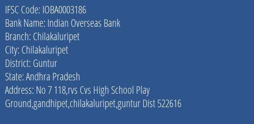 Indian Overseas Bank Chilakaluripet Branch Guntur IFSC Code IOBA0003186