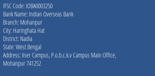 Indian Overseas Bank Mohanpur Branch Nadia IFSC Code IOBA0003250