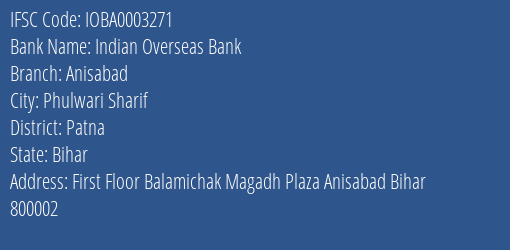 Indian Overseas Bank Anisabad Branch Patna IFSC Code IOBA0003271