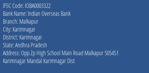 Indian Overseas Bank Malkapur Branch Karimnagar IFSC Code IOBA0003322