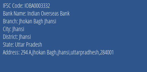 Indian Overseas Bank Jhokan Bagh Jhansi Branch Jhansi IFSC Code IOBA0003332