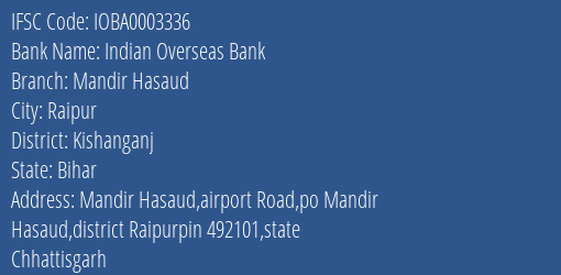 Indian Overseas Bank Mandir Hasaud Branch Kishanganj IFSC Code IOBA0003336