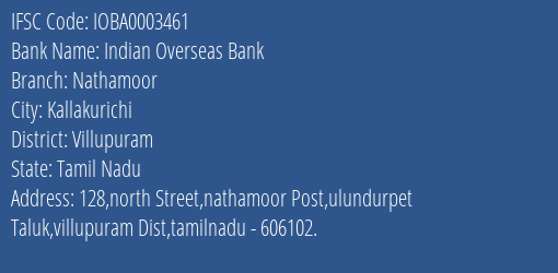 Indian Overseas Bank Nathamoor Branch Villupuram IFSC Code IOBA0003461