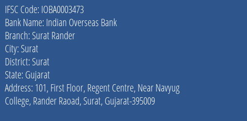 Indian Overseas Bank Surat Rander Branch Surat IFSC Code IOBA0003473