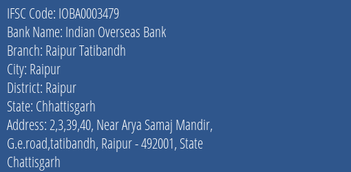 Indian Overseas Bank Raipur Tatibandh Branch Raipur IFSC Code IOBA0003479