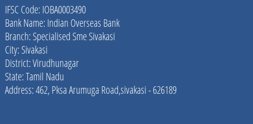 Indian Overseas Bank Specialised Sme Sivakasi Branch Virudhunagar IFSC Code IOBA0003490