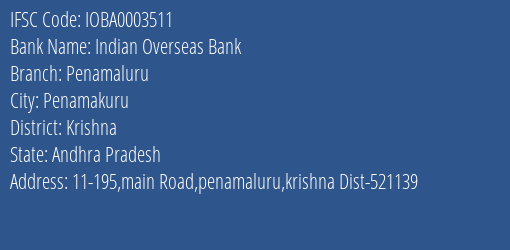 Indian Overseas Bank Penamaluru Branch Krishna IFSC Code IOBA0003511